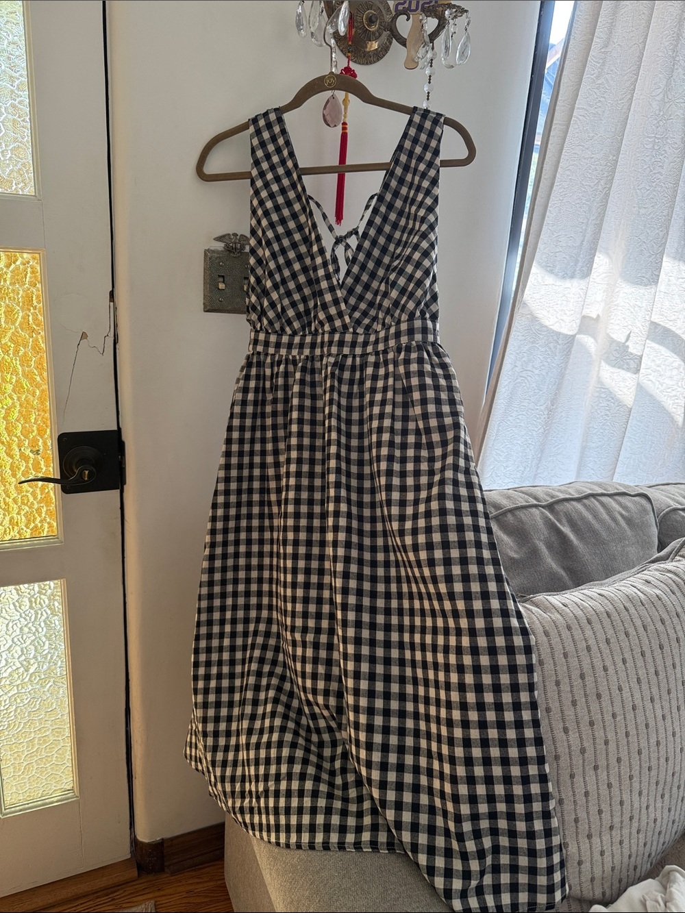 r.p.s. Japanese Brand Black & White Gingham V-Neck Midi Dress , Size Medium EUC